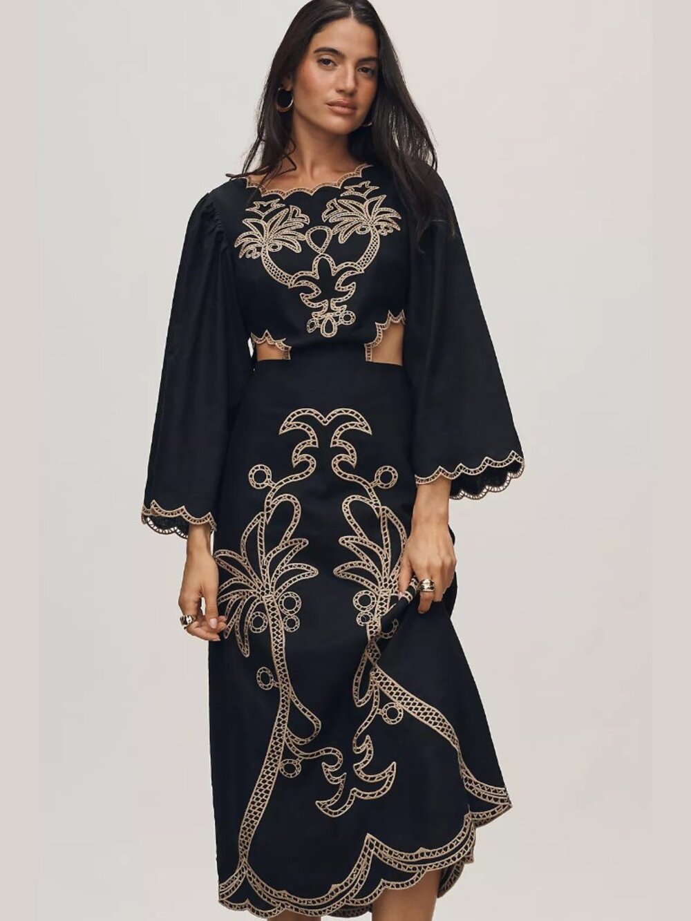 NEW Farm Rio Size M Women's Long-Sleeve Cutout Embroidered Midi Dress - Black